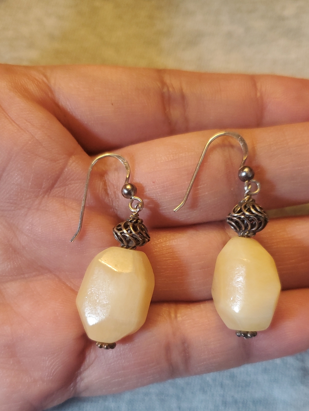 RARE Heavy Vintage 925 Sterling Silver Dangle Earrings 10g  Butterscotch Jade